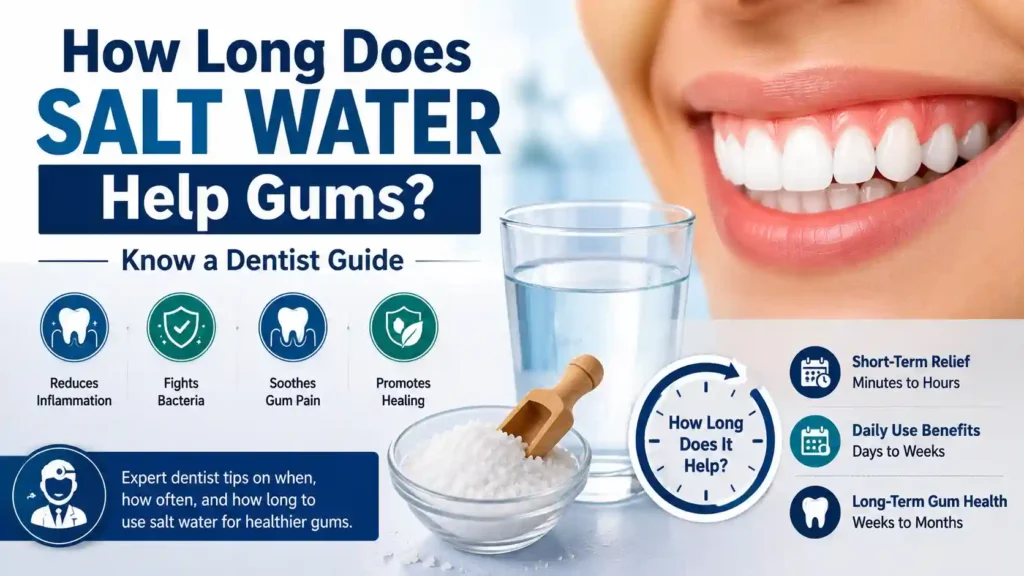 Featured image showing a glass of salt water, a bowl of salt, healthy gums, and a timeline illustrating how long salt water can help relieve gum irritation and support oral health.