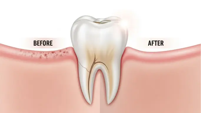 Close-up diagram of teeth showing root canal procedure inside the tooth roots