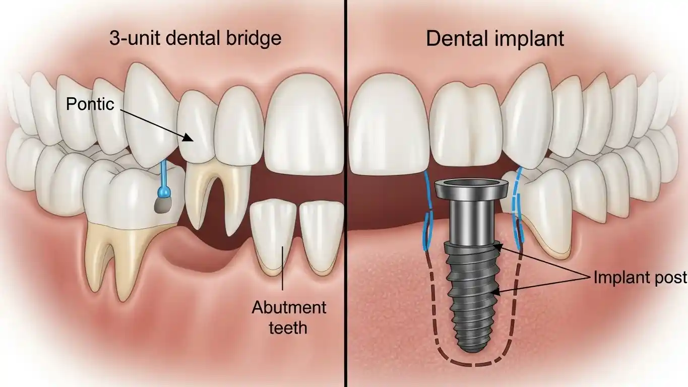 Diagram comparing a dental bridge attached to natural teeth and a dental implant anchored into the jawbone, with labeled pontic, abutment teeth, and implant post for educational clarity