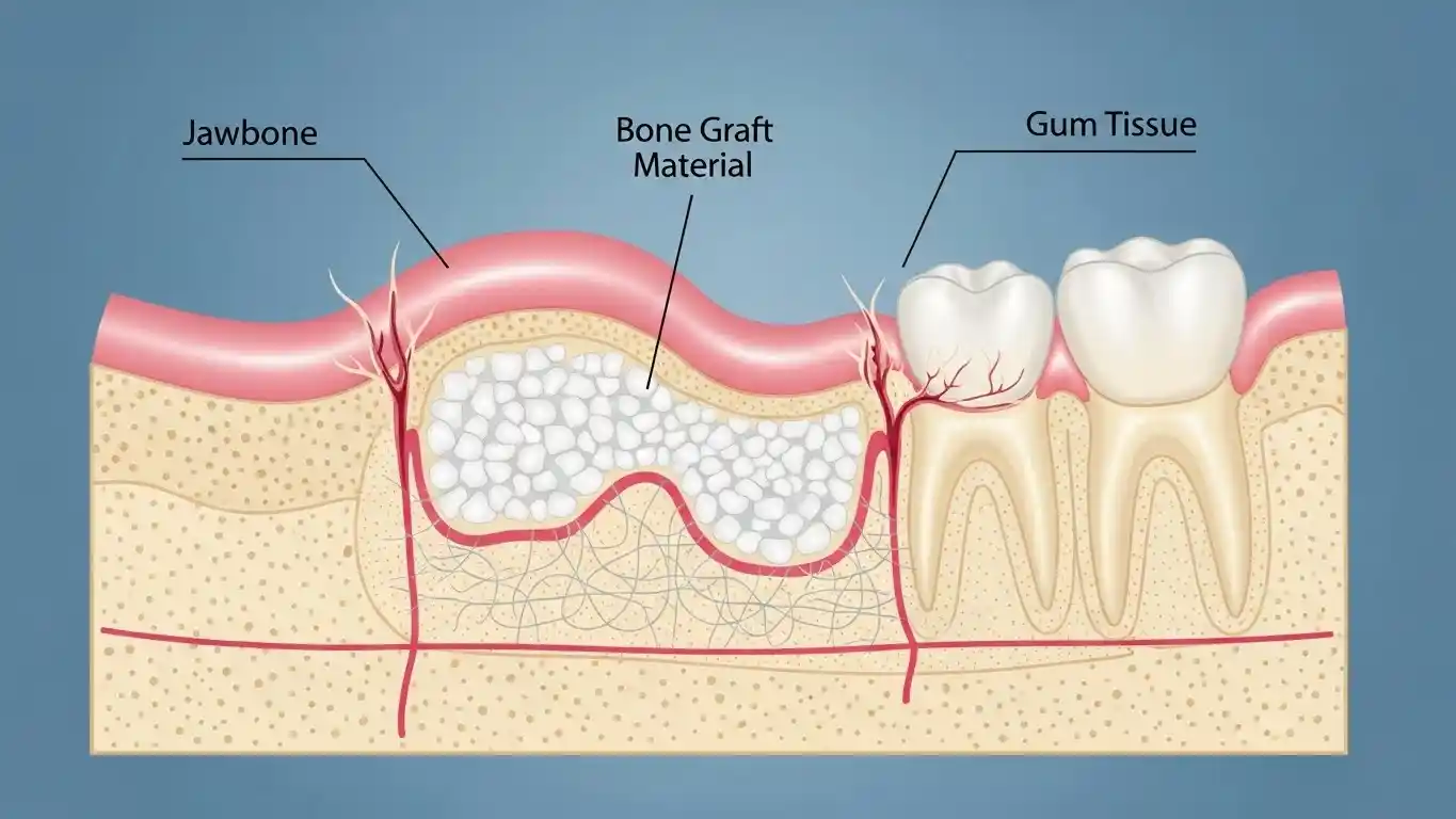 Dental bone graft material placed in the jawbone beneath the gums to support new bone regeneration.