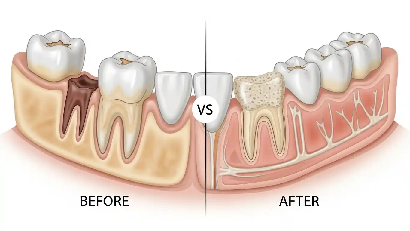 Before and after comparison showing jawbone bone loss and restored bone volume after a dental bone graft procedure