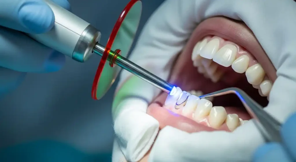 Curing light hardening composite resin on a chipped tooth during dental bonding