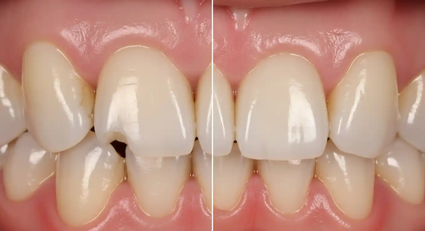 Before and after dental bonding repair for a chipped front tooth