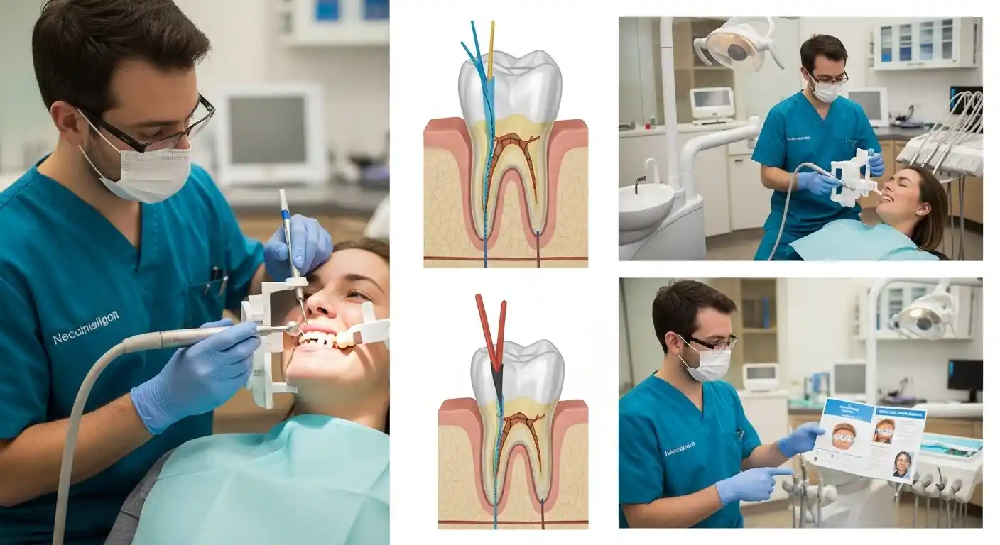 Dentist treating a patient with a crowned tooth, performing bite adjustment and discussing crown care options