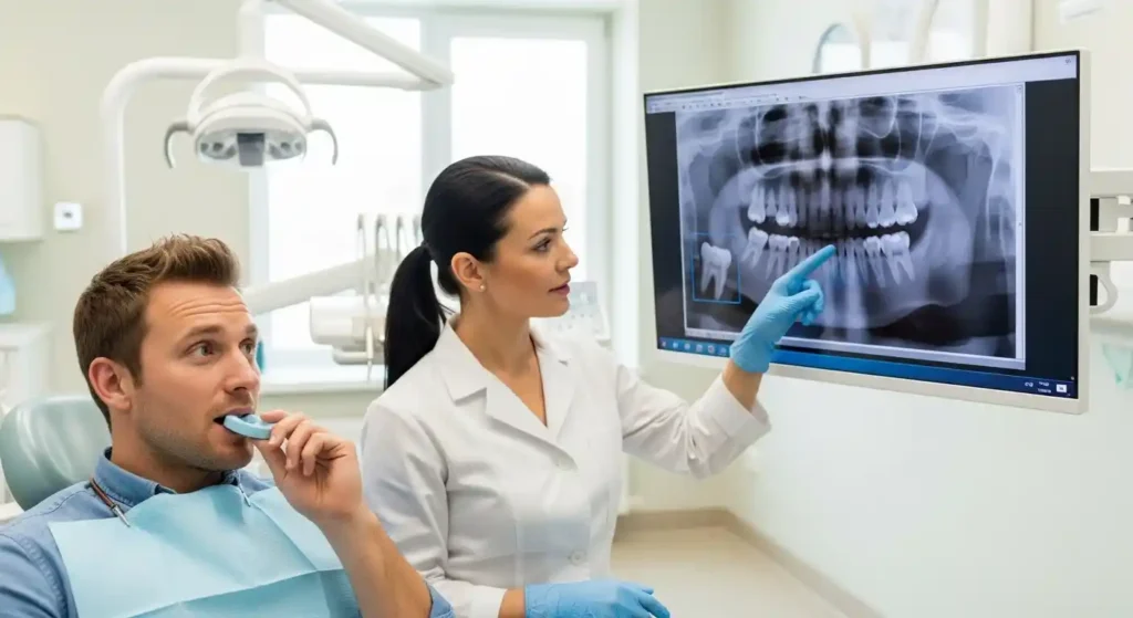 Patient experiencing pain when biting on a dental crown while a dentist reviews an X-ray