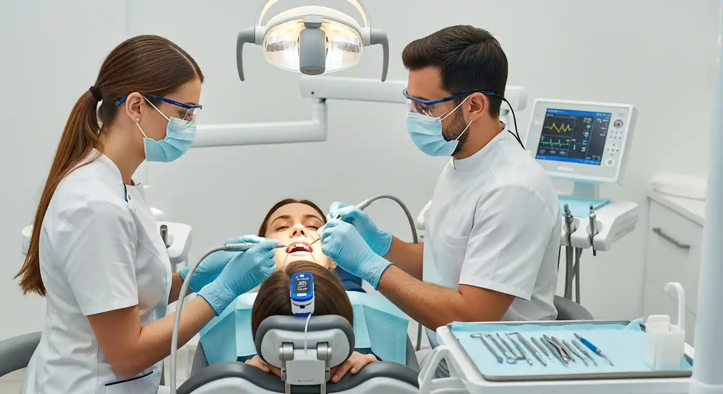 Patient comfortably undergoing dental treatment with sedation while vital signs are monitored for safety
