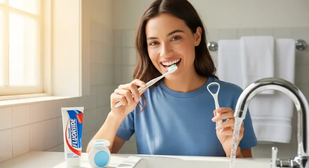 Person brushing teeth, flossing, and cleaning tongue for fresh breath.