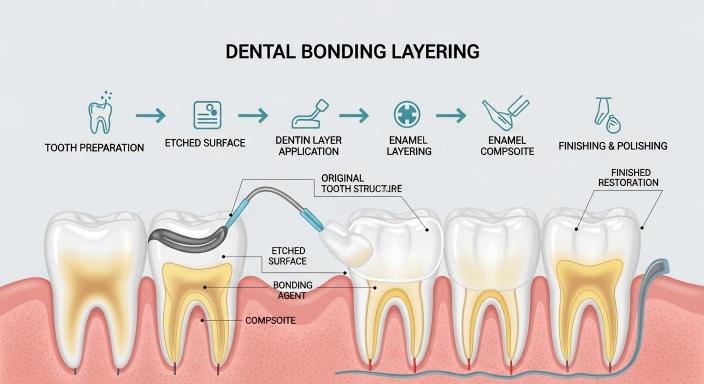Illustration of dental bonding layering technique showing composite resin layers mimicking enamel and dentin