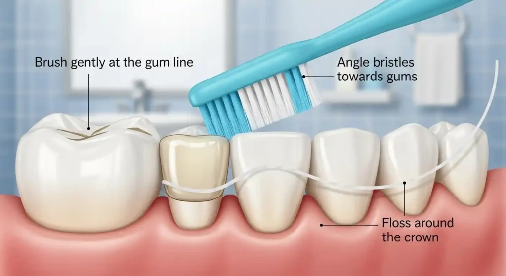 High-resolution illustration of a dental crown showing proper brushing and flossing techniques for long-lasting crown care.