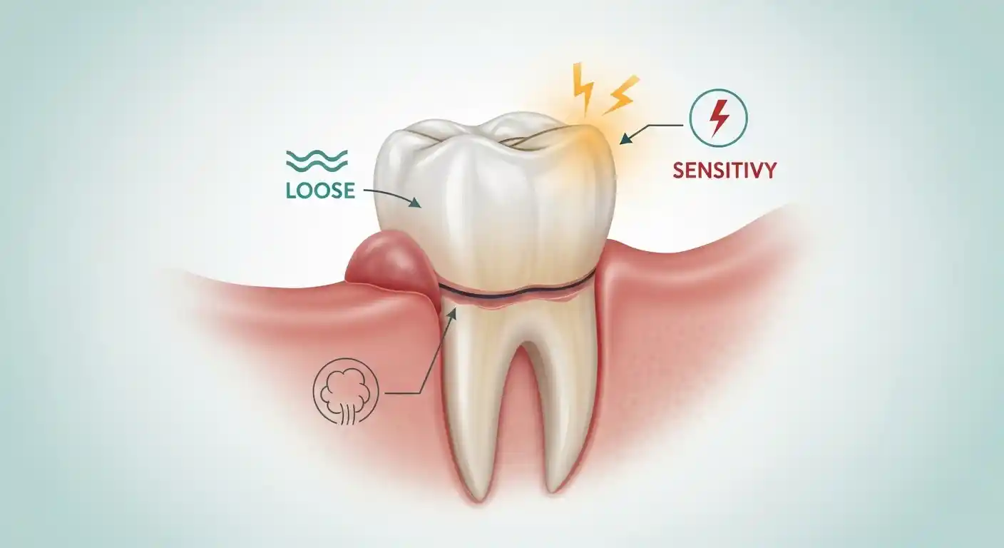 Illustration of a dental crown highlighting warning signs like gum swelling, looseness, dark lines, and sensitivity.