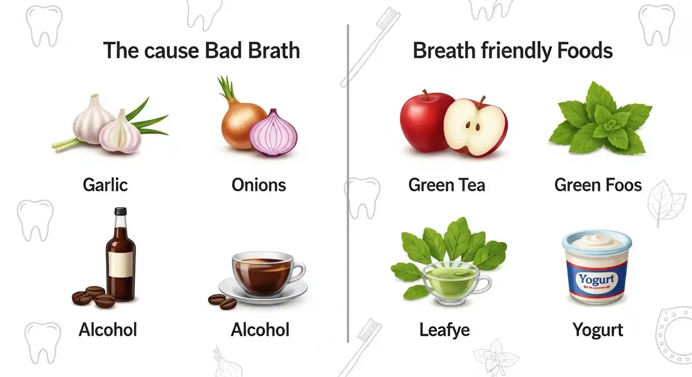 Split image showing foods that cause bad breath and foods that help freshen breath