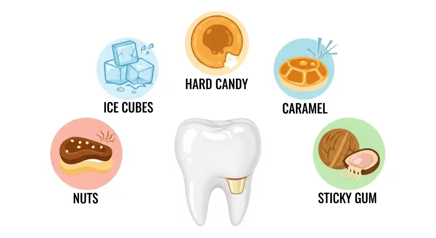 Infographic showing foods that can damage dental crowns, including ice, nuts, hard candy, caramel, and sticky gum.