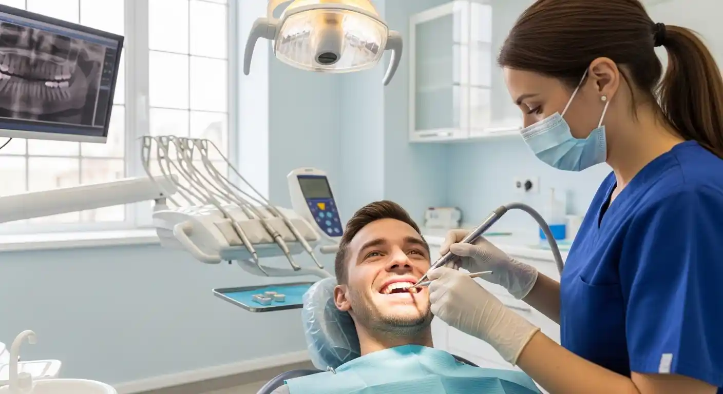Dentist performing a professional dental cleaning for a patient to prevent bad breath