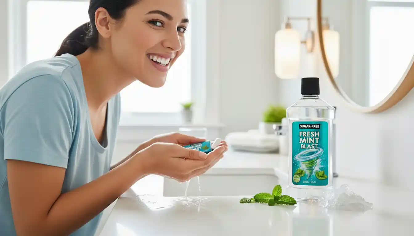 Person rinsing mouth, chewing sugar-free gum, and using mouthwash to freshen breath