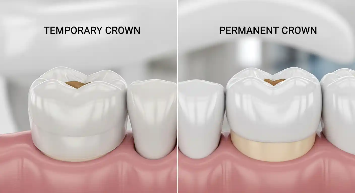 Side-by-side comparison of a temporary dental crown and a permanent crown showing material and placement differences.