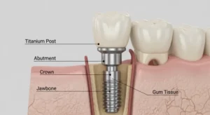 Detailed dental implant structure showing post abutment and crown in Mesa, AZ