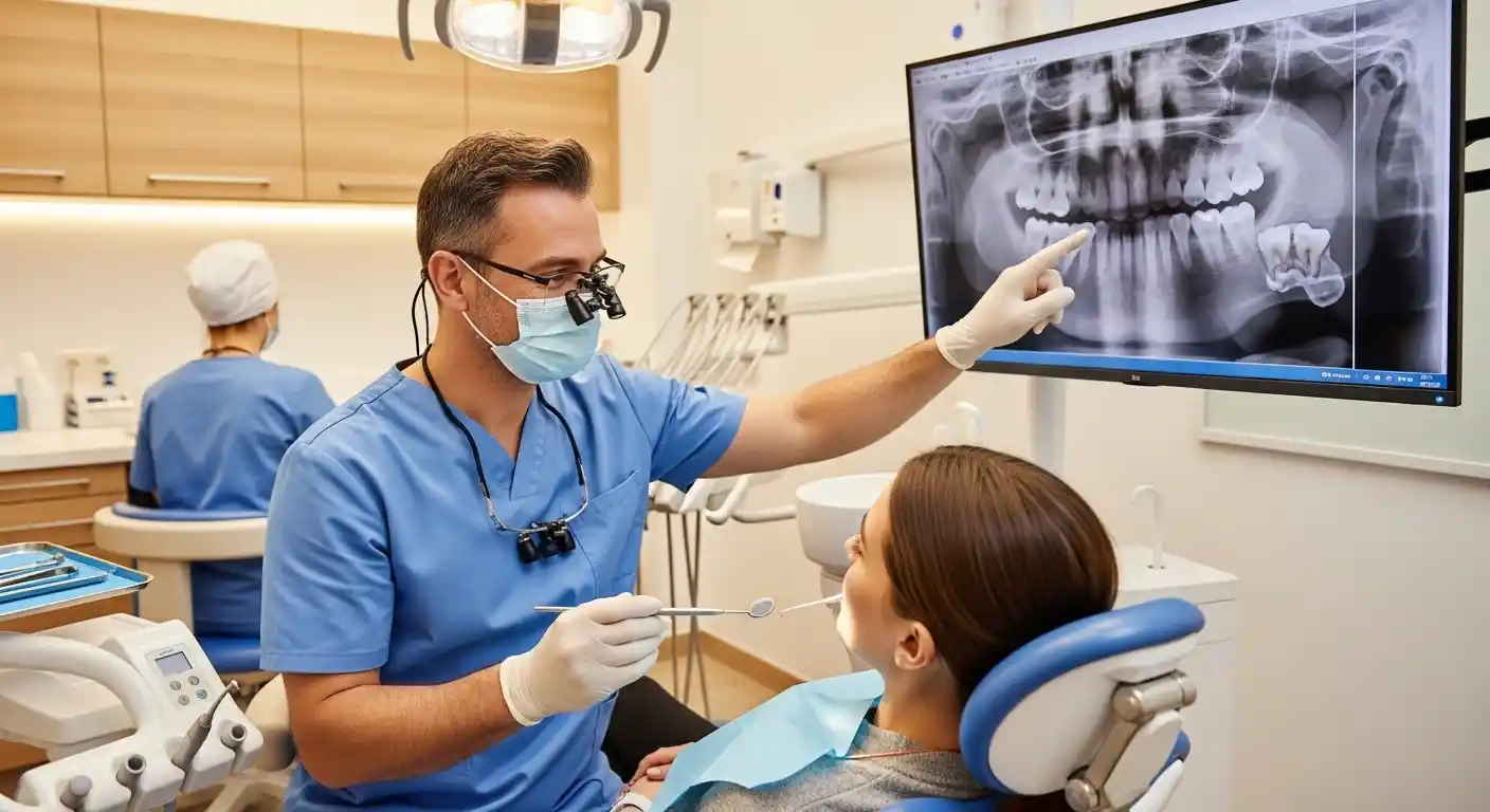 Dentist examining and treating a dental crown infection in a modern dental clinic