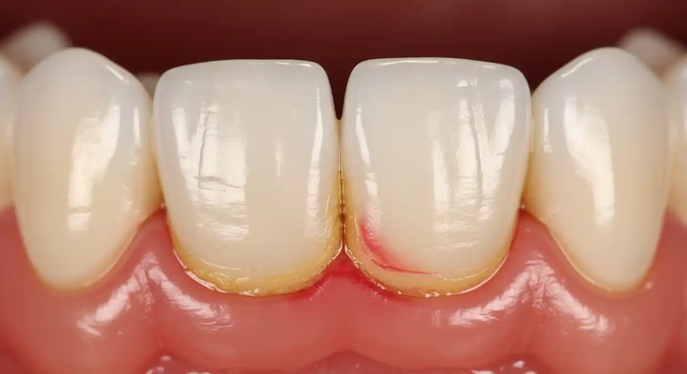 Swollen and inflamed gums around a dental crown showing signs of infection and plaque buildup