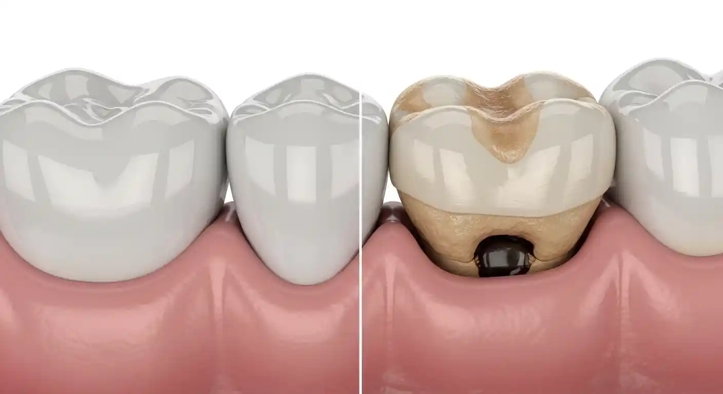 Before and after dental crown infection showing healthy crown and infected crown with gum swelling and decay