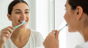 Person brushing teeth to maintain dental veneers and healthy natural teeth
