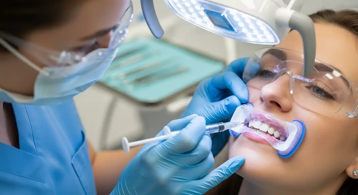 Dentist performing in-office teeth whitening procedure