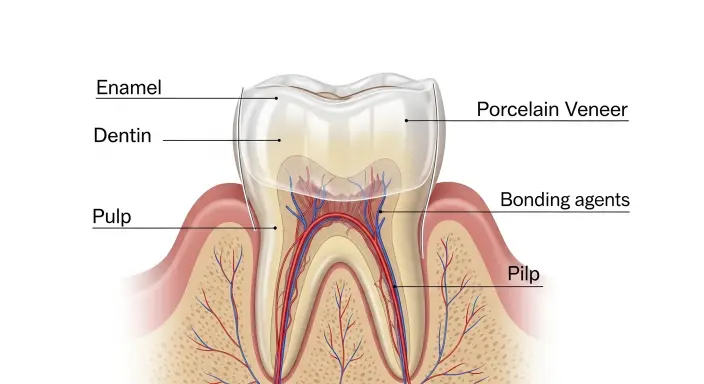Dental diagram showing natural tooth structure under a porcelain veneer including enamel dentin and pulp