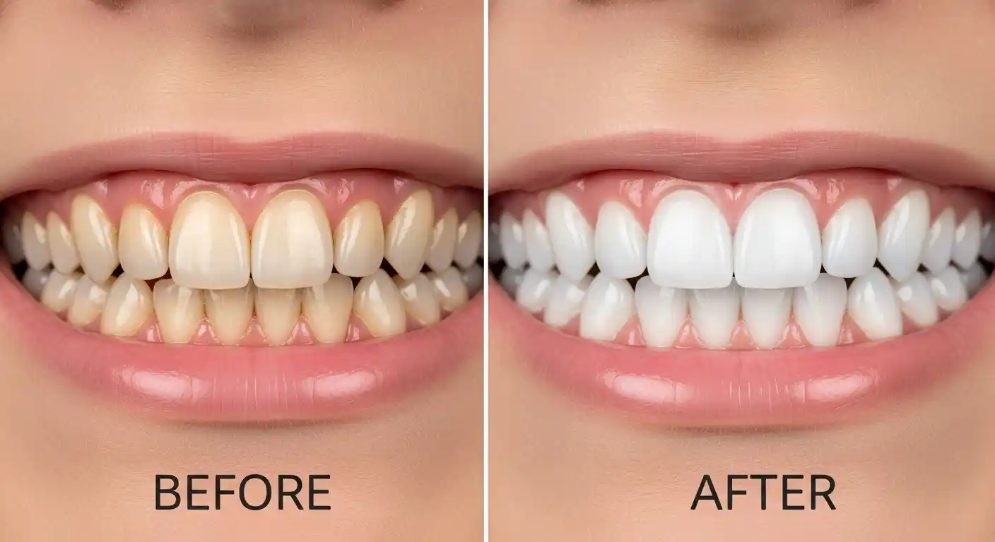 Before and after results of professional teeth whitening treatment