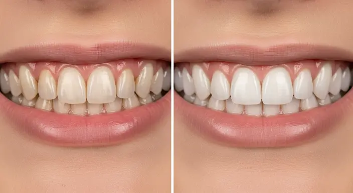 Before and after comparison showing smile improvement with dental veneers