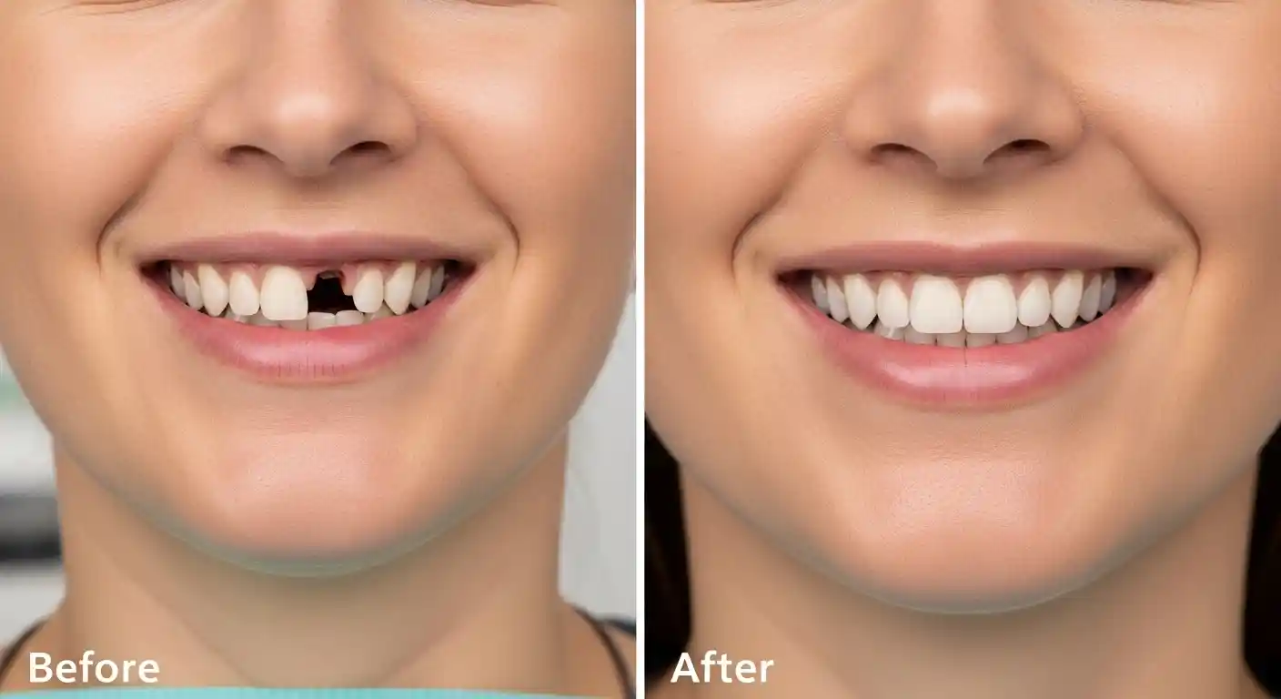 Before and after dental implant showing missing tooth replaced with natural crown in Mesa