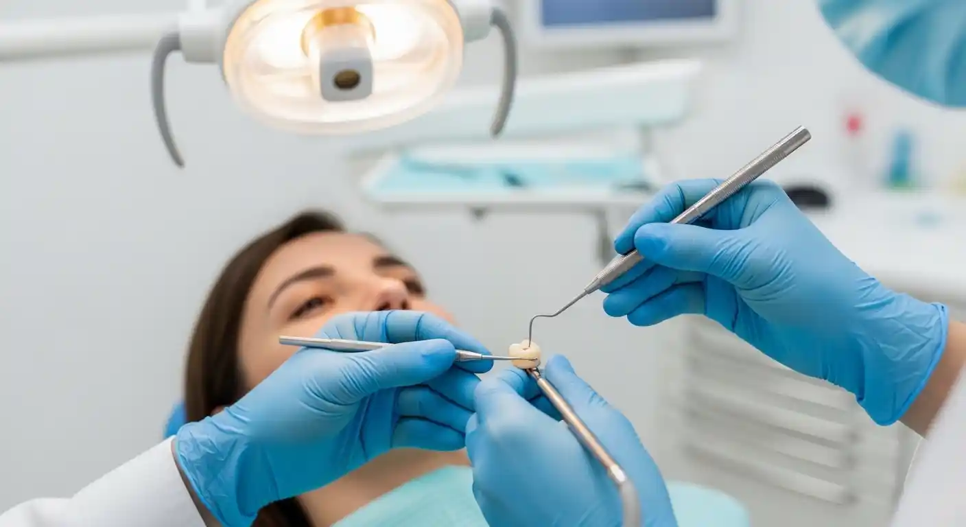 Dentist placing a dental crown on a damaged tooth during treatment procedure in a modern dental clinic in Mesa, AZ
