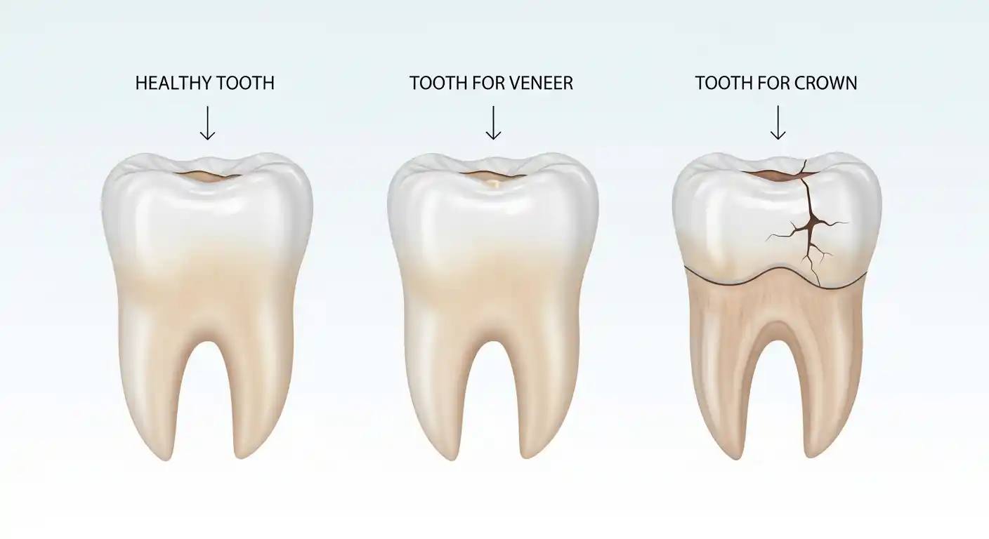 Comparison of healthy tooth, tooth suitable for veneers, and severely damaged tooth requiring a crown in Mesa, AZ dental care