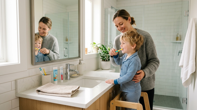 Parent helping child brush teeth properly at home for healthy dental habits