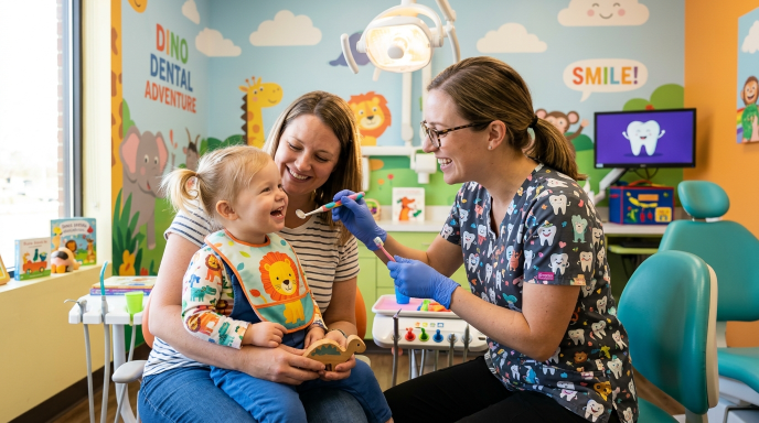 Child having first pediatric dental visit while sitting on parent’s lap in a friendly clinic