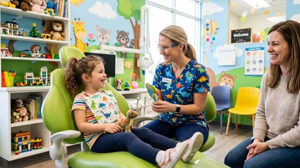 Friendly pediatric dentist caring for a young child in a colorful dental clinic