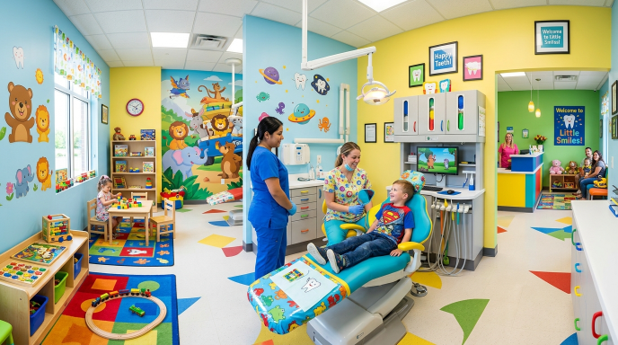 Colorful pediatric dental clinic designed to make children feel comfortable