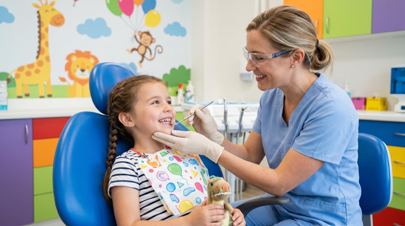 Pediatric dentist providing a dental checkup and preventive care for a child