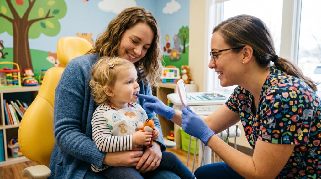 Toddler attending a first pediatric dental visit with a parent and dentist