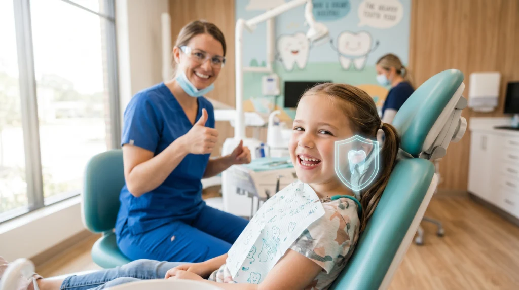 Child smiling after dental sealant treatment showing healthy cavity-free teeth