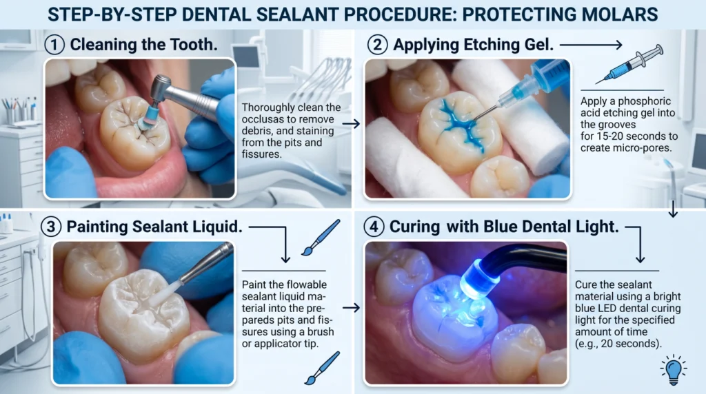 Step-by-step process of dental sealant application in a dental clinic