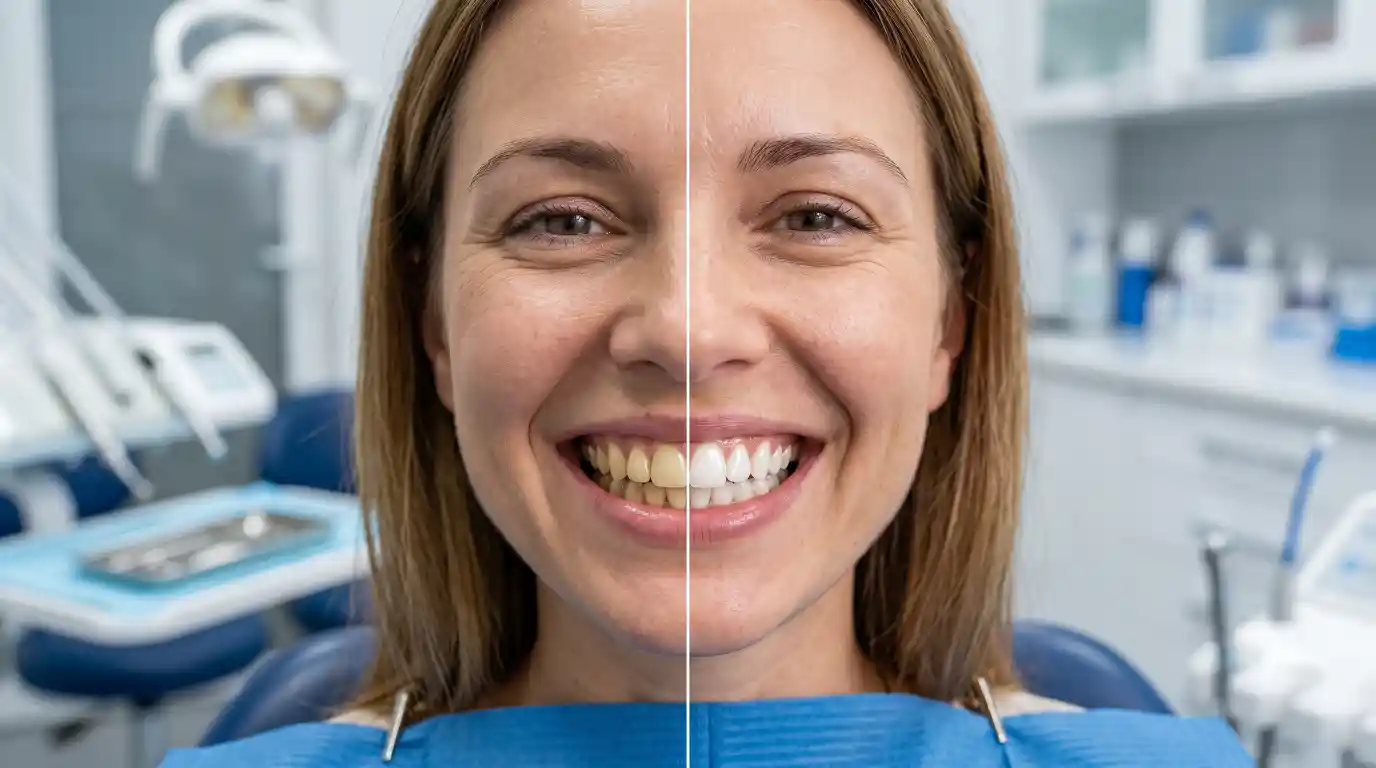 Dentist discussing treatment options for stained or discolored teeth with a patient.