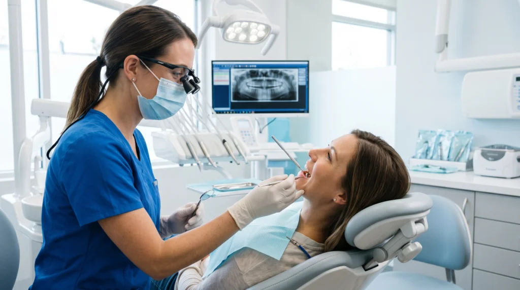 Dentist examining a patient's gums during periodontal disease evaluation and treatment consultation.