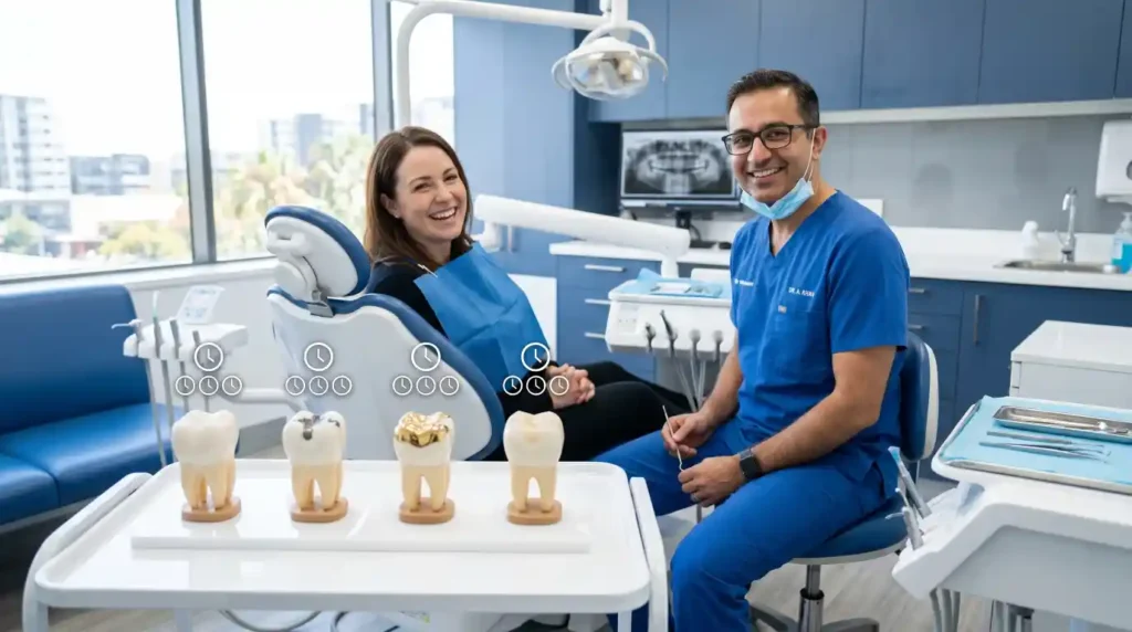 Different types of dental fillings and their average lifespan shown in a modern dental clinic.