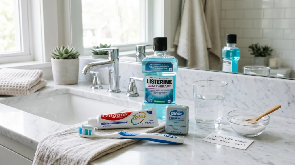 Oral hygiene tools used for daily gum disease prevention and home periodontal care.