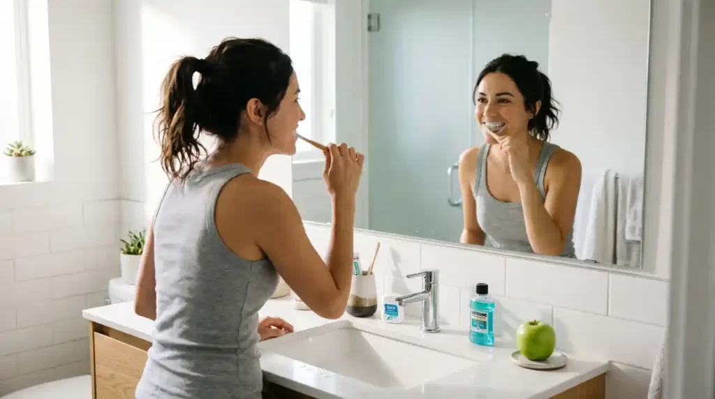 Daily oral care routine to maintain white teeth after treatment.