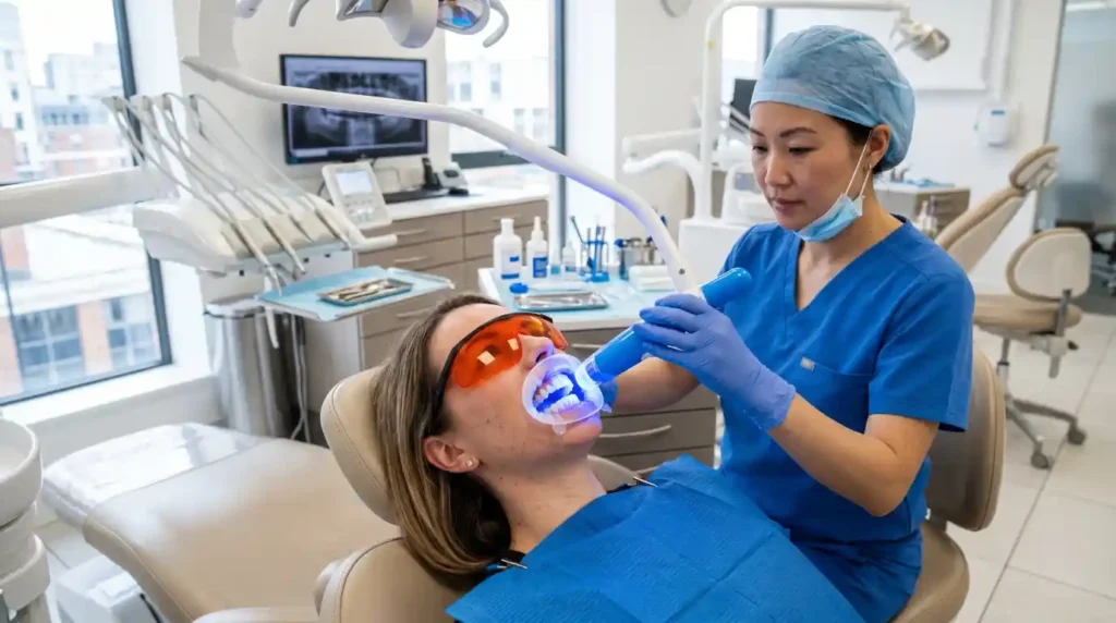 Professional teeth whitening treatment being performed in a dental office.