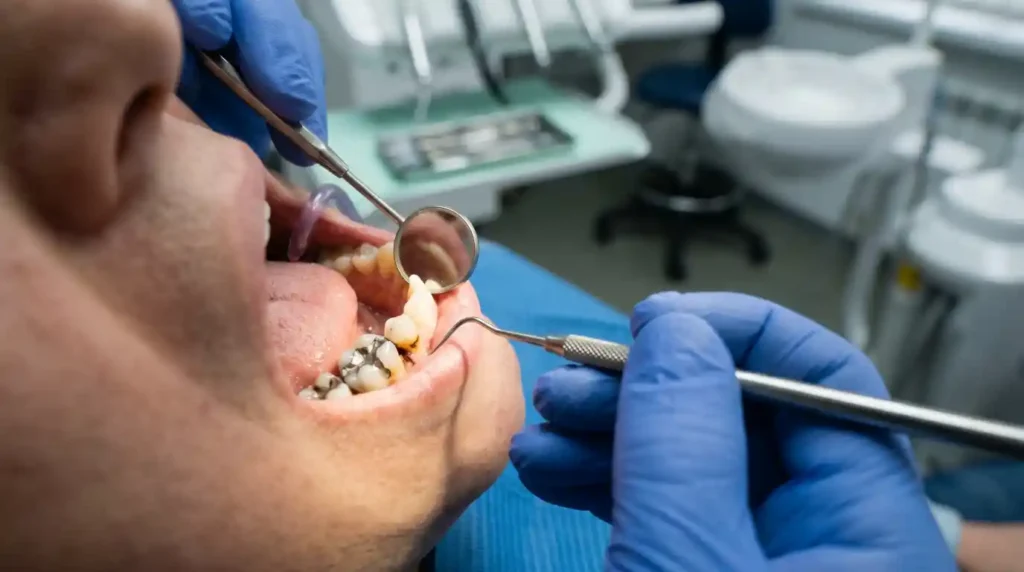 Dentist examining a damaged filling that may need replacement.