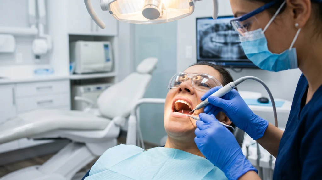 Dental hygienist performing deep cleaning treatment for periodontal disease.
