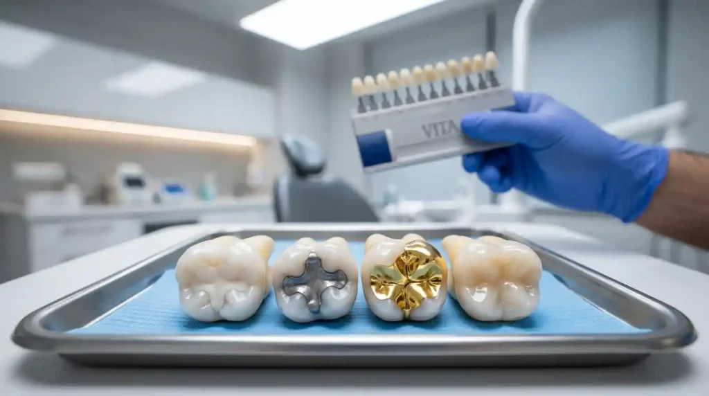 Comparison of composite, amalgam, gold, and ceramic dental fillings.