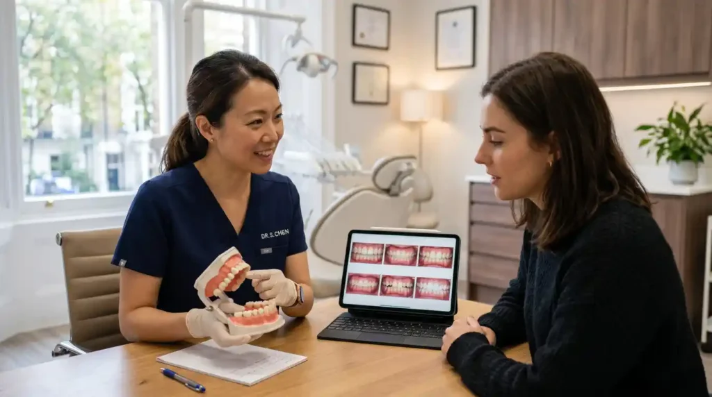 Dentist explaining different professional treatments for stained teeth.