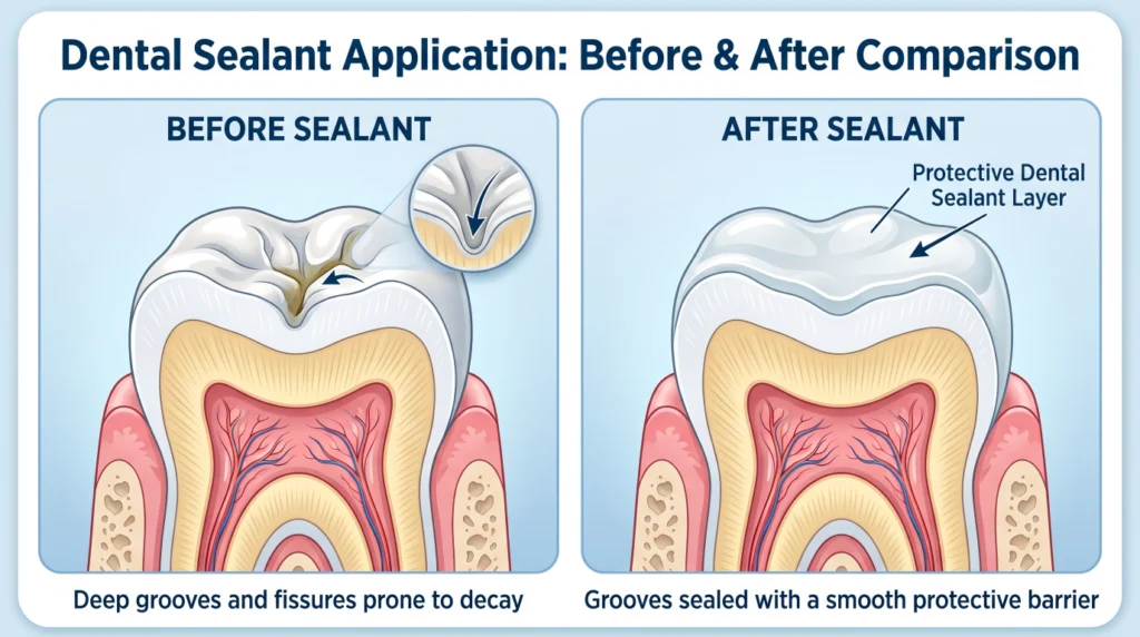 Dental sealant filling deep grooves of molar teeth to protect against cavities